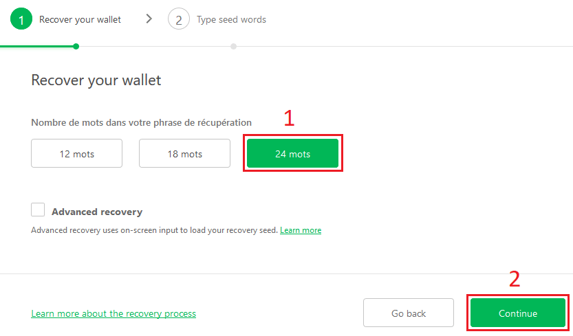 Choisissez le nombre de mots de votre phrase de récupération puis cliquez sur "Continue"