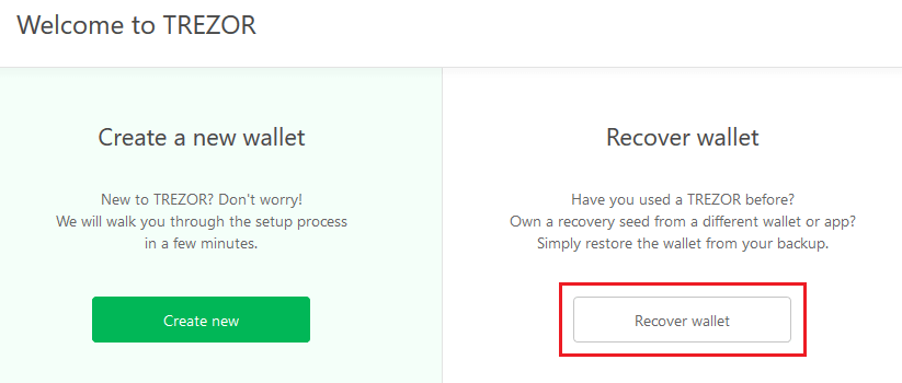 Nous cliquons sur "recover wallet" pour conserver les clés privés du Trezor wallet