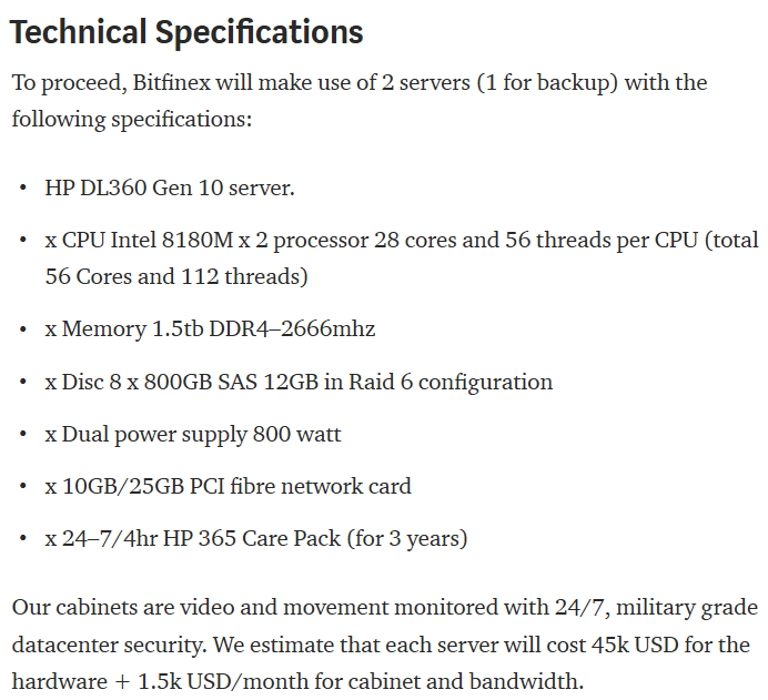 Spécifications techniques des serveurs de Bitfinex