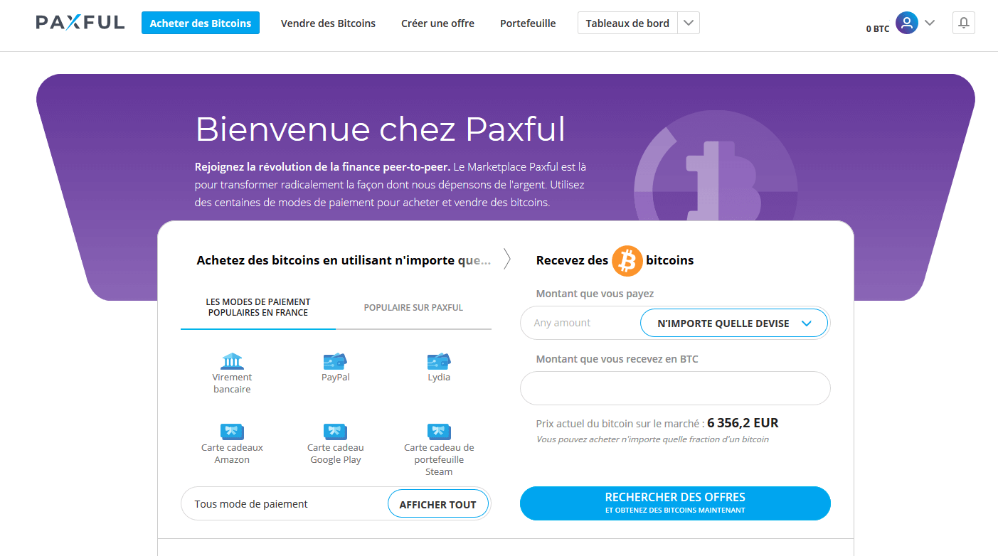 Page principal de compte Paxful