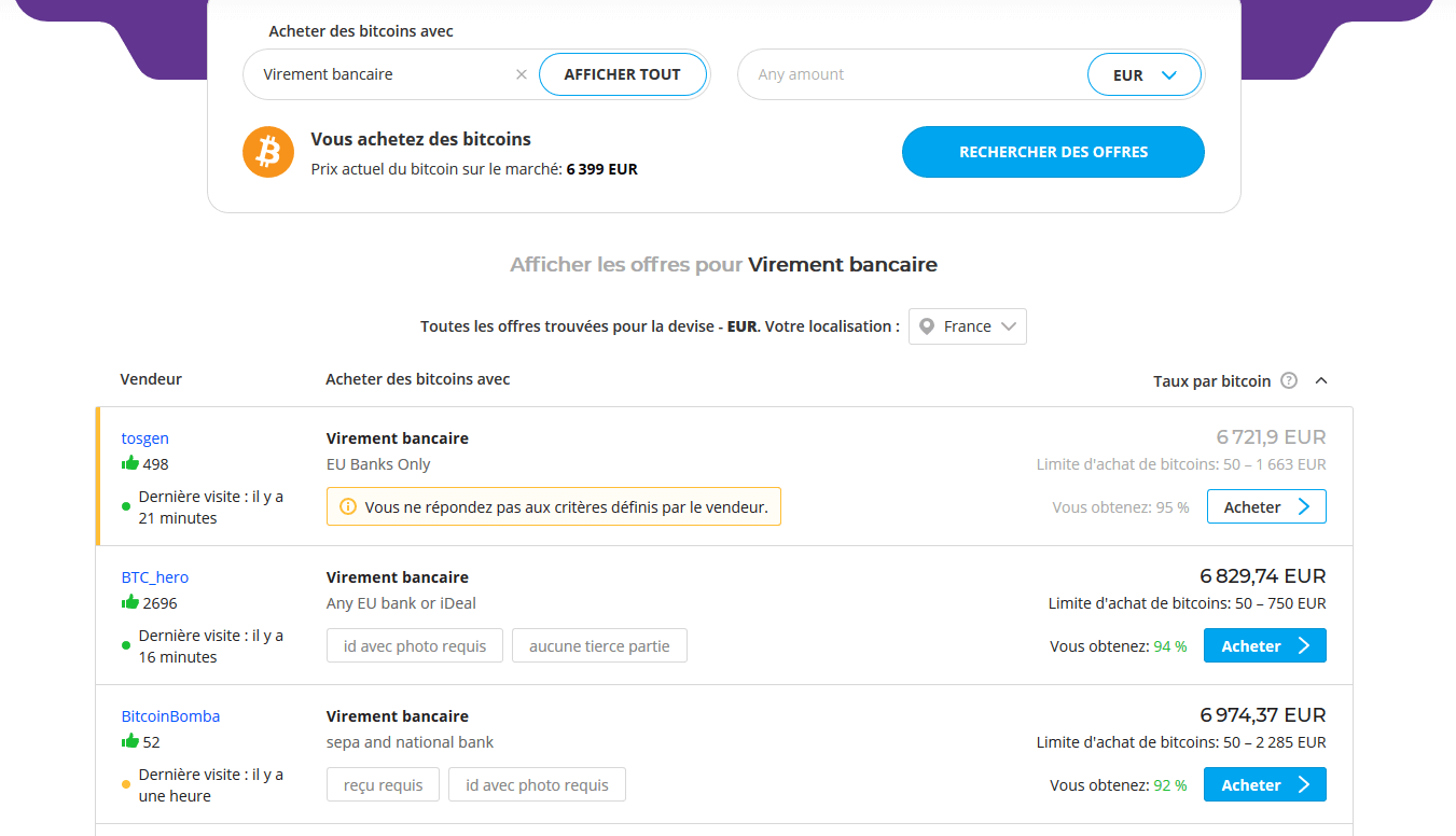 liste d'offres sur Paxful pour acheter du bitcoin en euros par virement bancaire