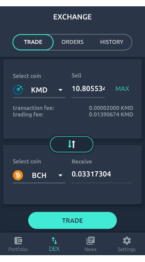 Exemple d'échange atomique KMD BCH au sein du portefeuille AtomicDEX