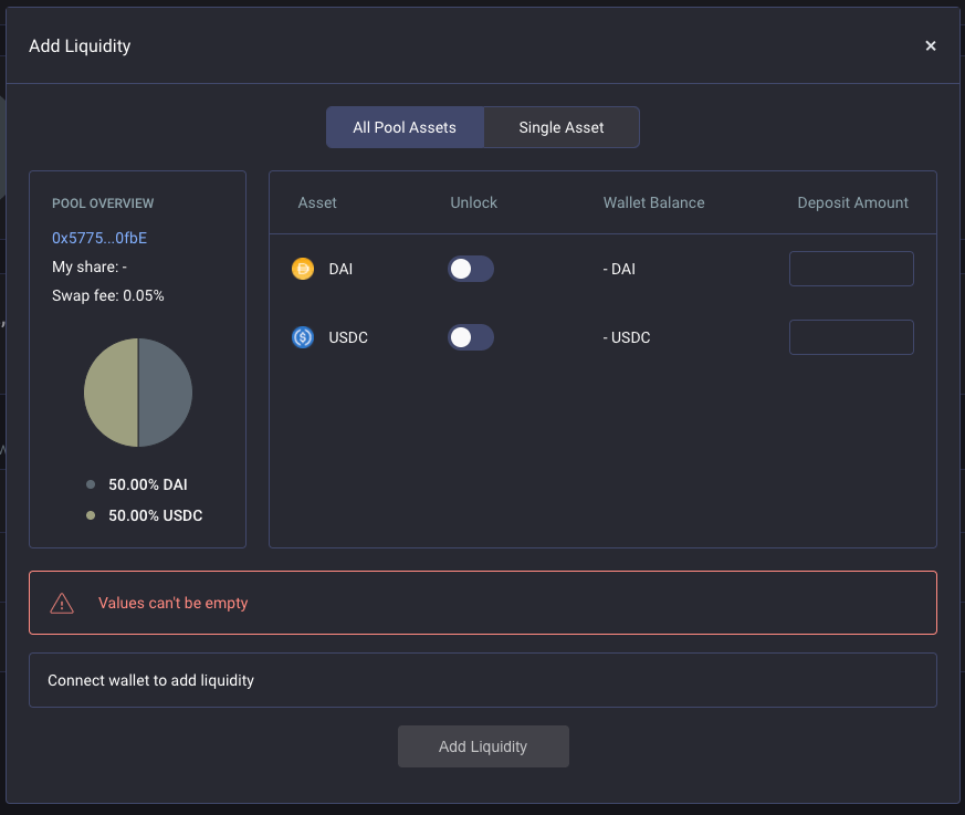 Interface d'ajout de liquidité. 