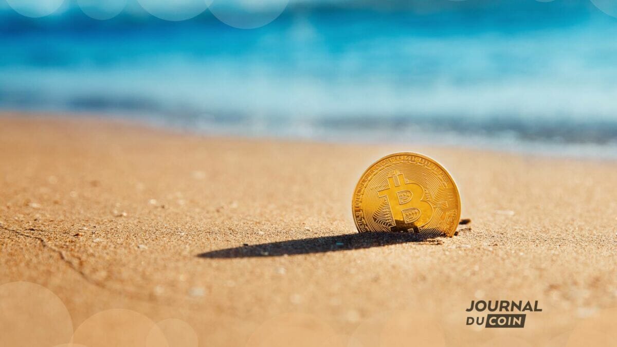 Un Bitcoin, seul sur une plage abandonné par les influenceurs crytpo.