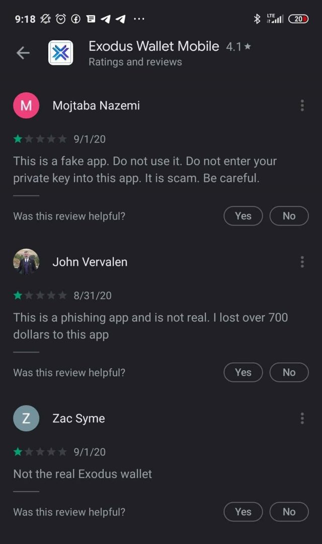 Avis négatifs fake wallet Exodus phishing