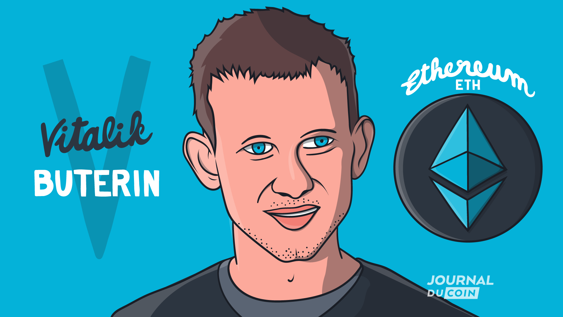 Vitalik Buterin représenté sous forme d'illustration à côté du symbole Ethereum