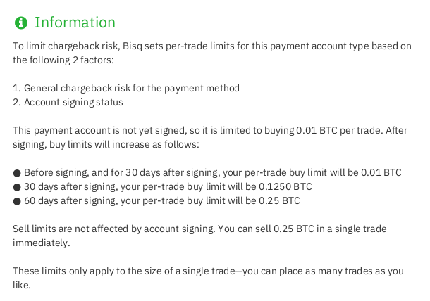 Bisq limites d'échange