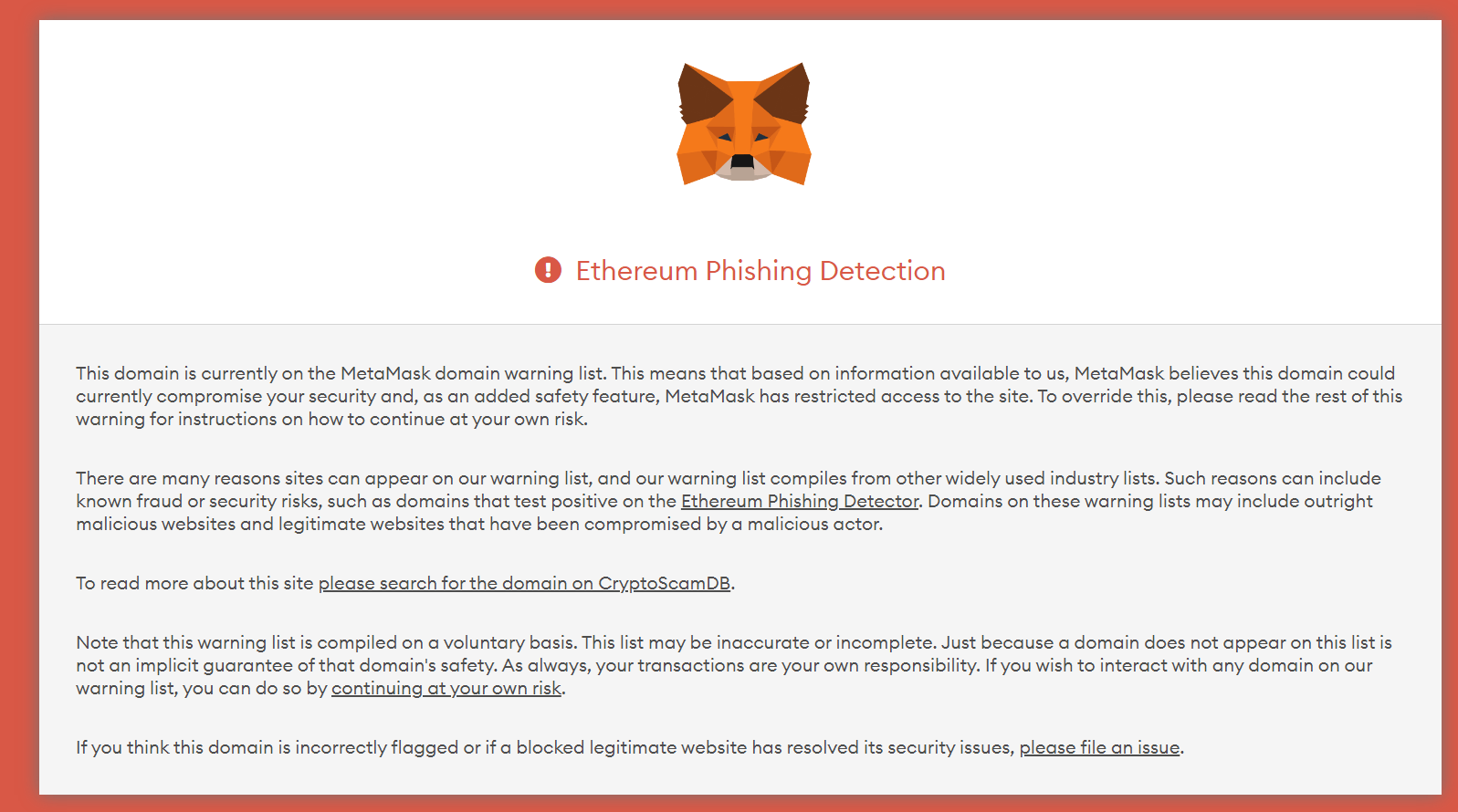 Avertissement Metamask sur le site de pancakeswap