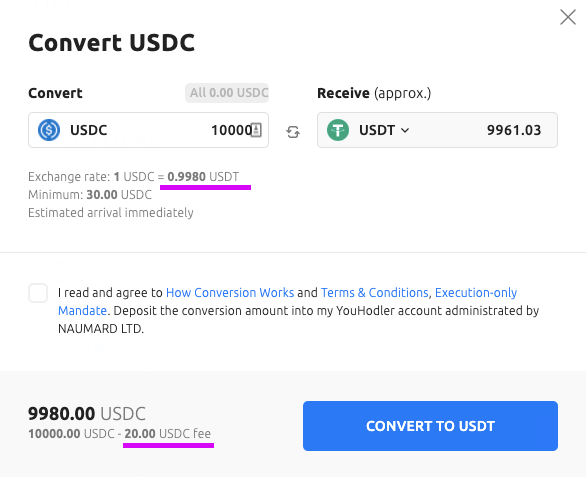 Exemple de conversion à frais réduits sur YouHodler.