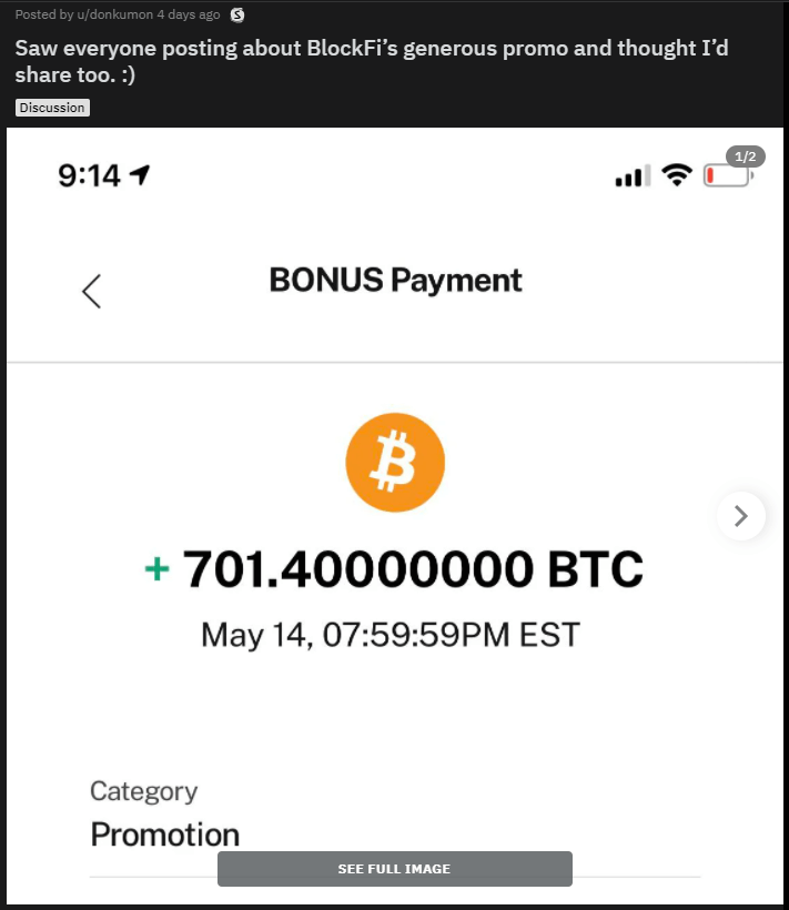 Capture d'écran de la récompense en BTC reçue par un client de BlockFi