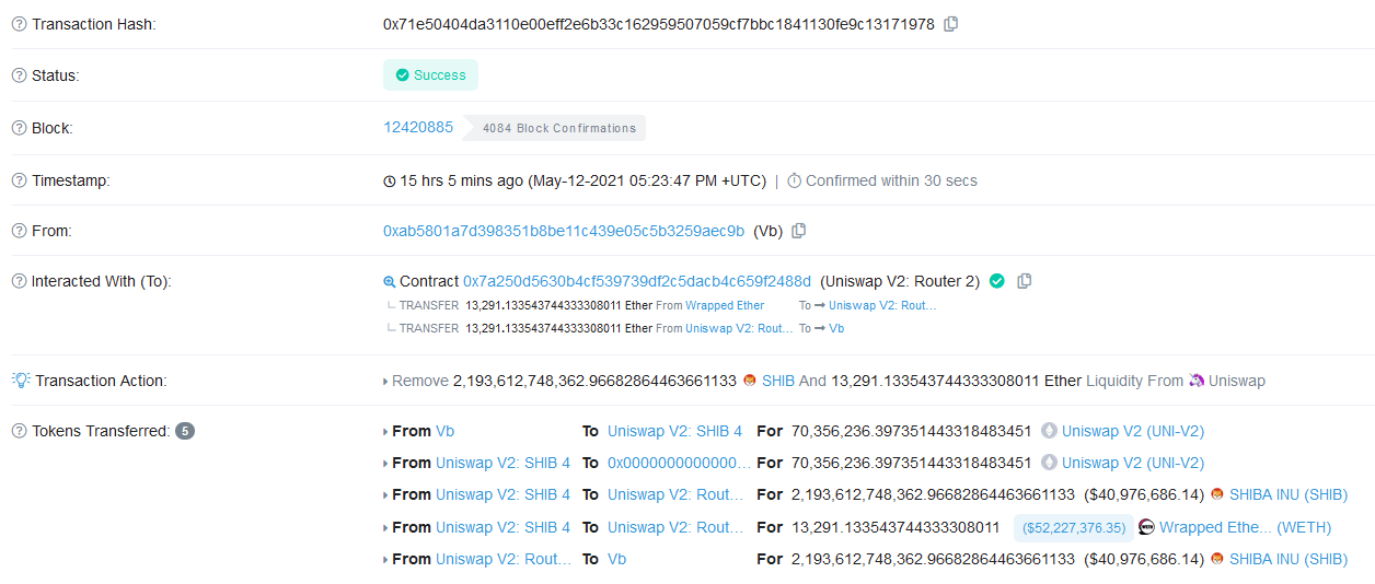 Transaction de Vitalik Buterin retirant la liquidité du pool SHIB sur Uniswap