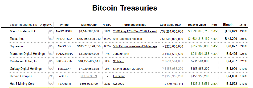 Réparation des bitcoins par entreprise, en 2021, les plus gros holders