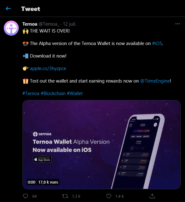 Les mision de la Tiime Engine consistent parfois à retweeter certaines annonces comme la sortie du wallet Ternoa sur Ios