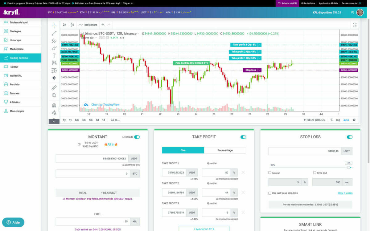 Interface du Trading Terminal de Kryll.io
De nombreuses fonctionnalités y ont été ajoutées