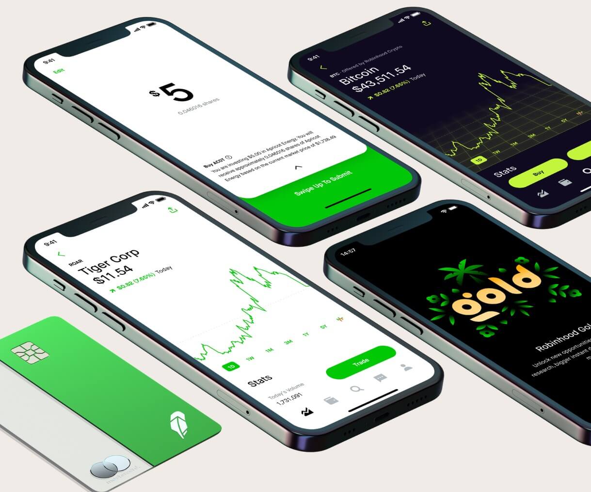 Différents écrans de la plateforme de courtage Robinhood