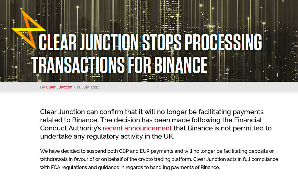 Communiqué de Clear Junction sur l'arrêt des virements SEPA aux utilisateurs de Binance