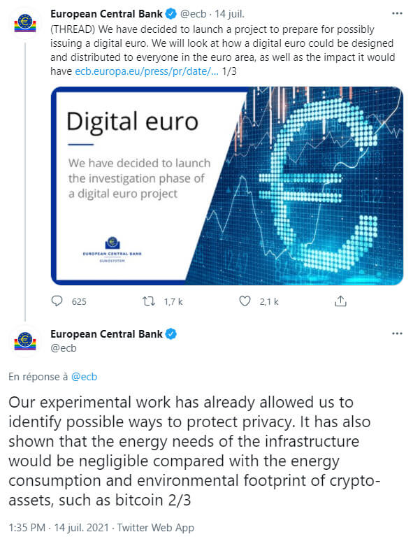 Publication Twitter de la BCE sur son projet d'euro numérique