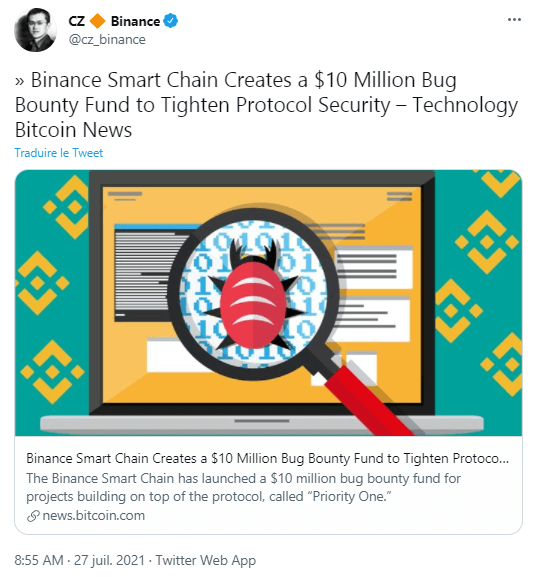 Publication Twitter de Changpeng « CZ » Zhao, le CEO de Binance, annonçant le projet Priority One de la Binance Smart Chain (BSC)