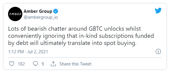 Publication Twitter du Amber Group sur le déverrouillage des 40 000 BTC par Grayscale