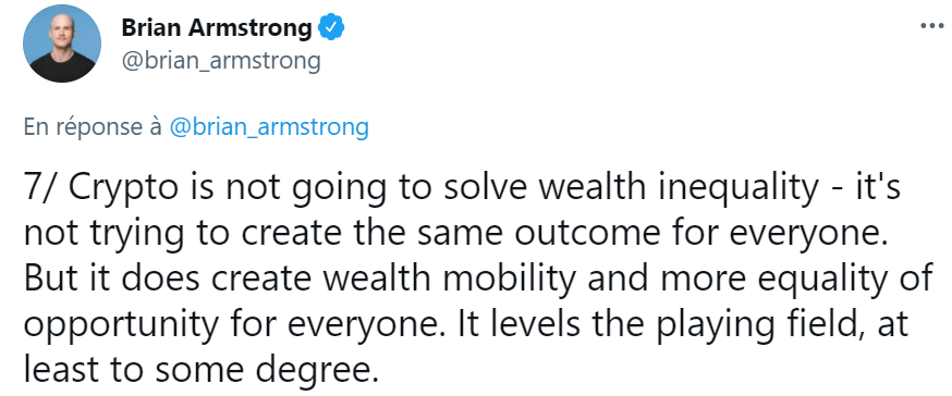 Publication Twitter de Brian Armsrong sur l'accès aux opportunités et la mobilité des richesses offerts par les cryptomonnaies