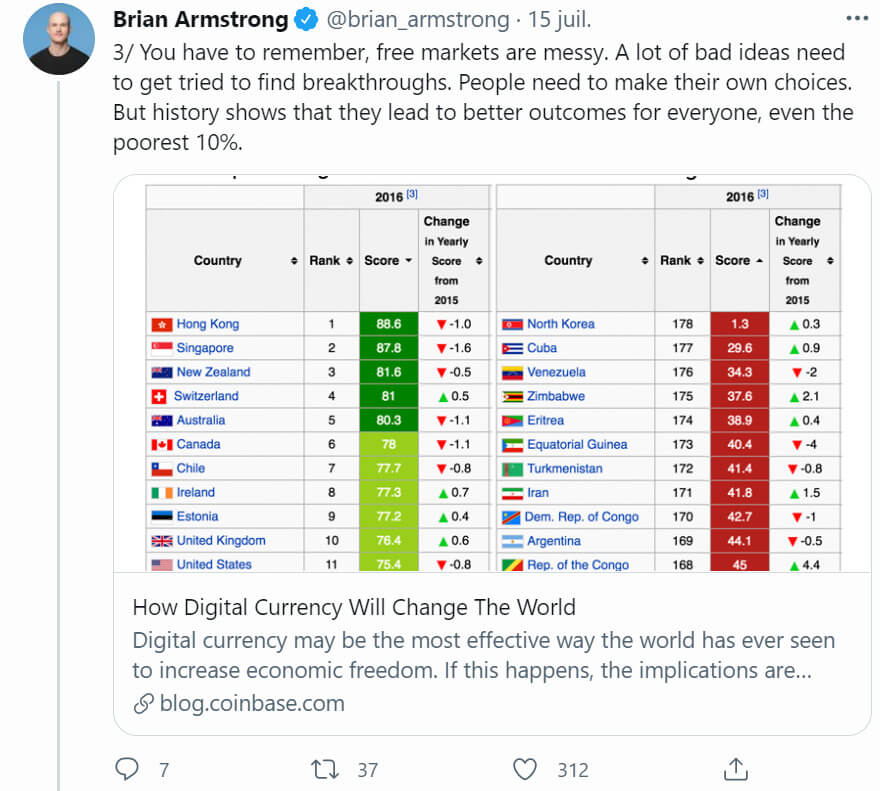 Publication Twitter de Brian Armstrong sur la nécessité de faire ses propres choix d'investissement