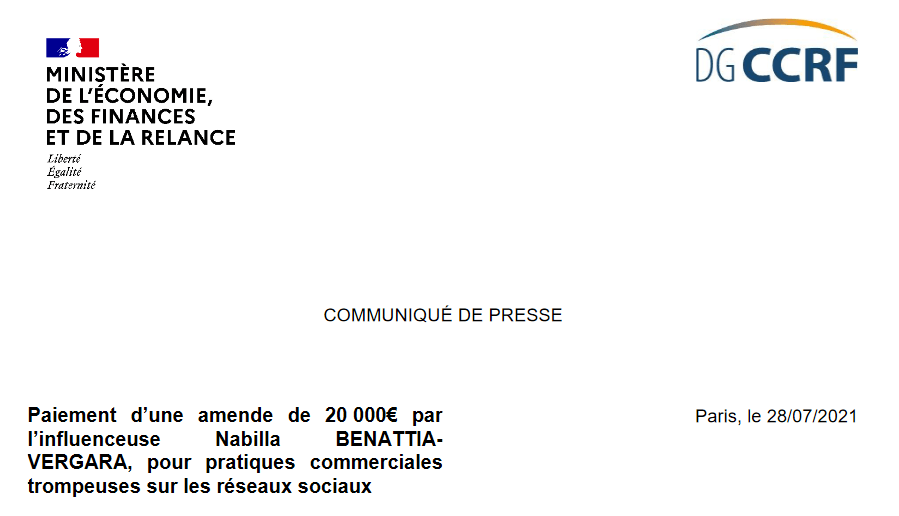 Communiqué de presse de la DGCCRF annonçant la sanction de Nabilla pour sa promotion d'un service de formation au trading sur Snapchat