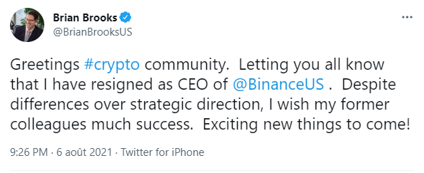 Publication Twitter de Brian Brooks annonçant sa démission du poste de CEO de Binance US