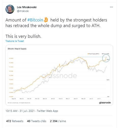 Le nombre de Bitcoins détenus par les HODlers a atteint un plus haut historique, selon les données de Glassnode.