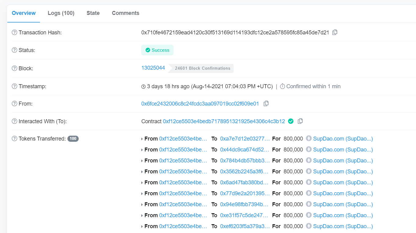 Détails de l'aidrop douteux de SupDao.com qui a offert des 800 000 jetons SUP à 12 504 adresses Ethereum