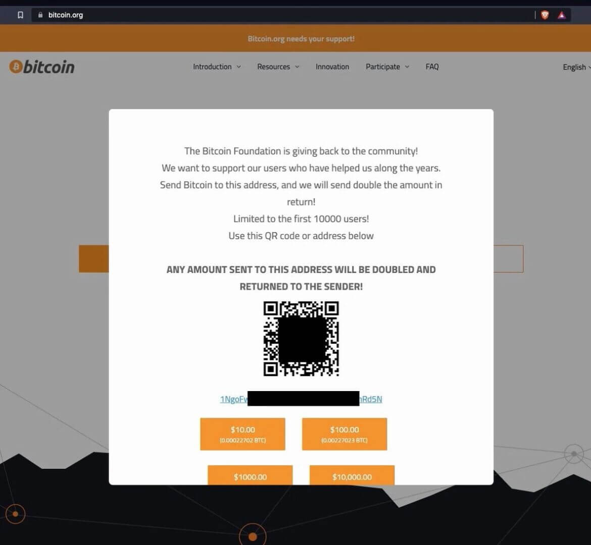 Une arnaque sur Bitcoin.org indiquait que les 10 000 premiers visiteurs du site à envoyer des bitcoins (à l’adresse de l’escroc) recevrait le double