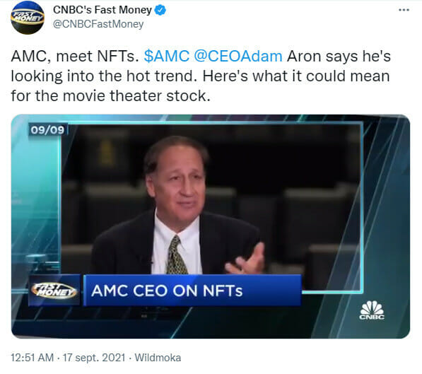 Publication Twitter de la CNBC avec Adam Aron qui annonce l'arrivée des NFT chez AMC Entertainment