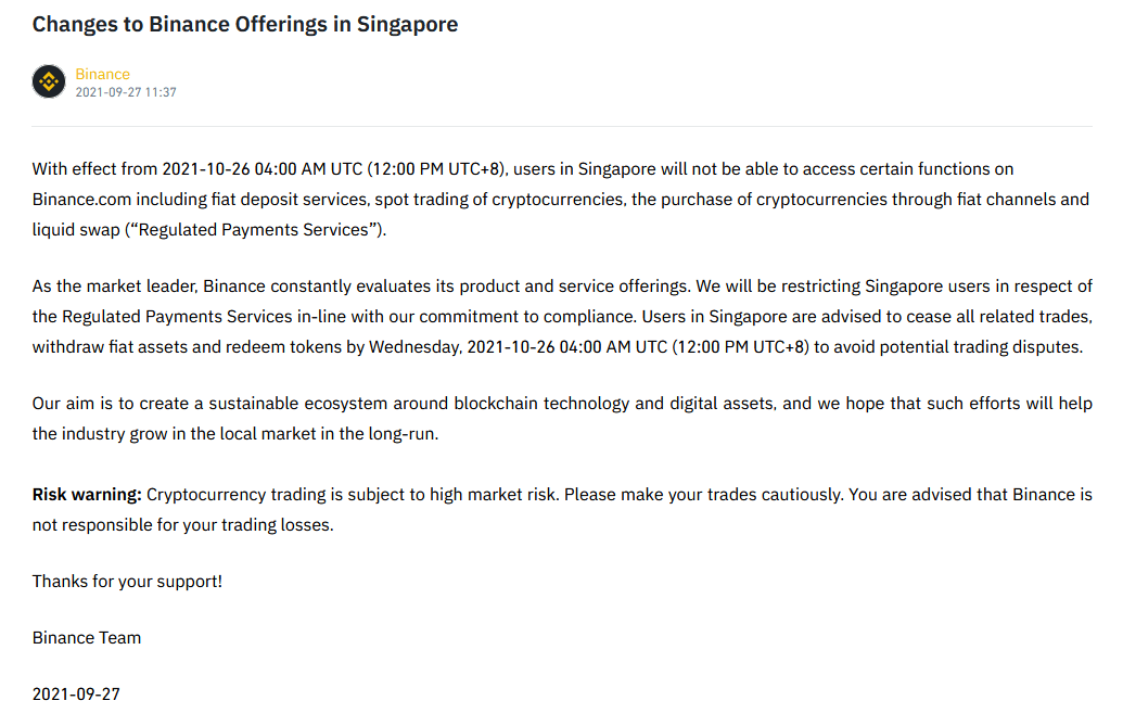 A partir du 26 octobre 2021, Binance va suspendre les services liés aux monnaies fiduciaires pour les utilisateurs de Singapour