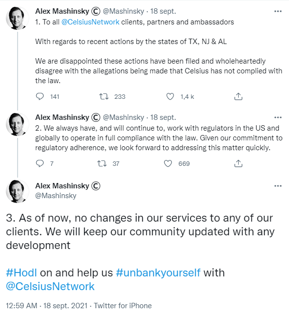 Publication Twitter d'Alex Mashinsky se défendant contre les accusations de du Texas, du New Jersey et de l'Alabama selon lesquelles Celsius proposerait des valeurs mobilières (securities) non enregistrées