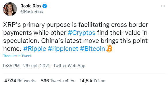 Publication Twitter de Rosie Rios présentant les autres cryptomonnaies à part le XRP comme des outils de spéculation