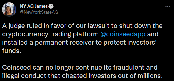 Publication de Letitia James condamnant Coinseed à payer plus de 3 millions de dollars d'amende