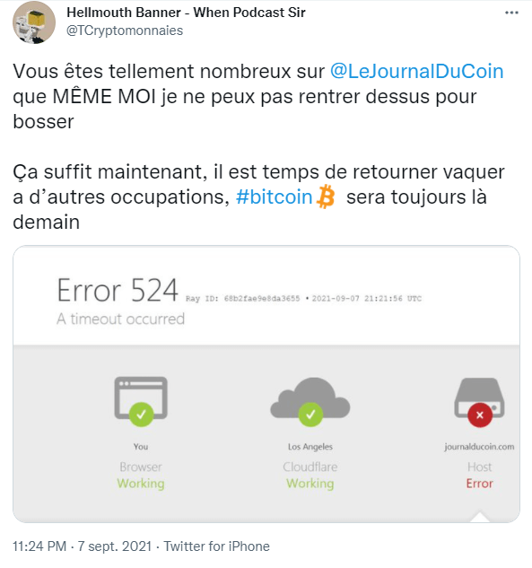 Publication Twitter de Hellmouth Banner expliquant que le réseau du Journal du Coin était saturé à cause des nombreuses connexions lors du flash crash