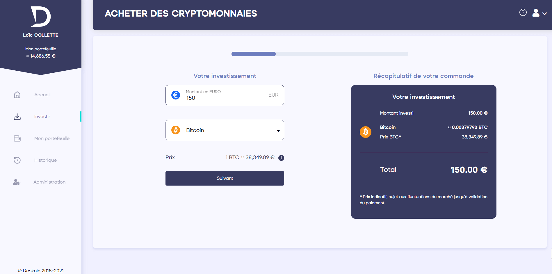 Deskoin permet l'achat de divers crypto actifs 