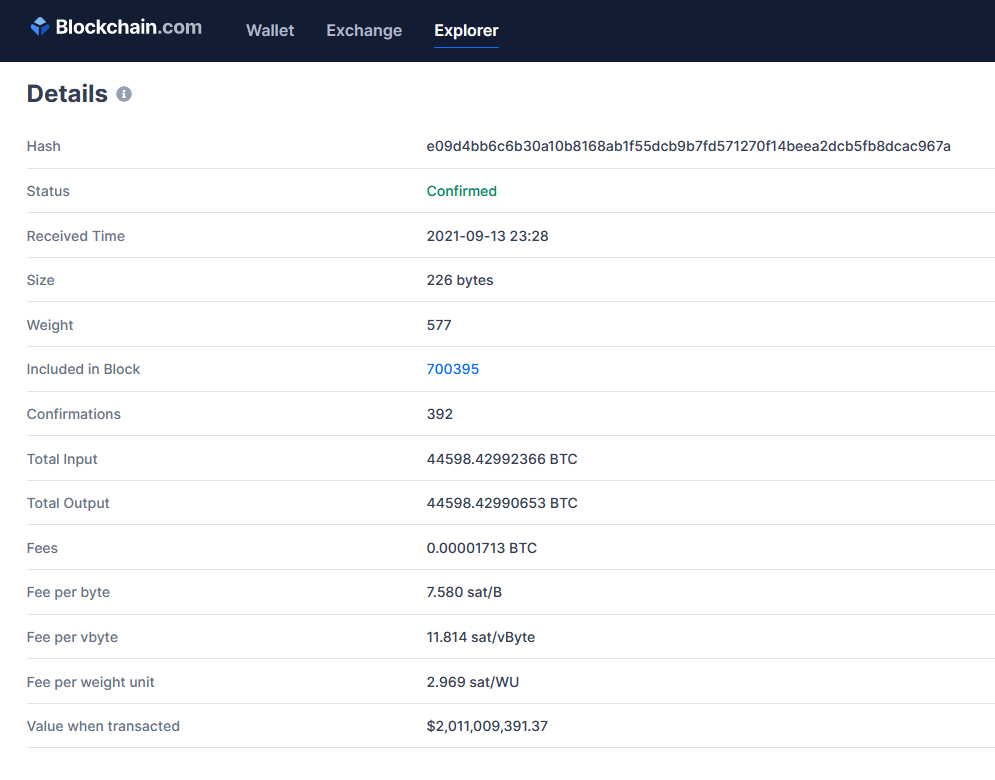 Une transaction de 44 598 bitcoins (2,1 milliards de dollars) a coûté 0,00001713 BTC (0,82 dollar) de frais sur la blockchain de Bitcoin (BTC)