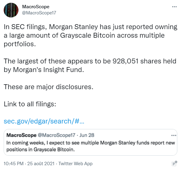 Publication de MacroScope annonçant que Morgan Stanley a 928 051 actions détenues par le Morgan Stanley Insight Fund