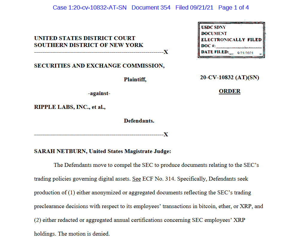 La juge Sarah Netburn rejette la requête de Ripple Labs