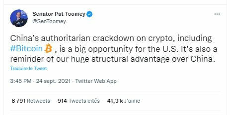 Le séanteur américain Pat Toomey critique l'interdiction de Bitcoin et des cryptomonnaies en Chine, et indique que cette répression est une opportunité pour les Etats-Unis.