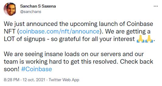 Publication Twitter Sanchen Saxena lancement Coinbase NFT beaucoup inscriptions