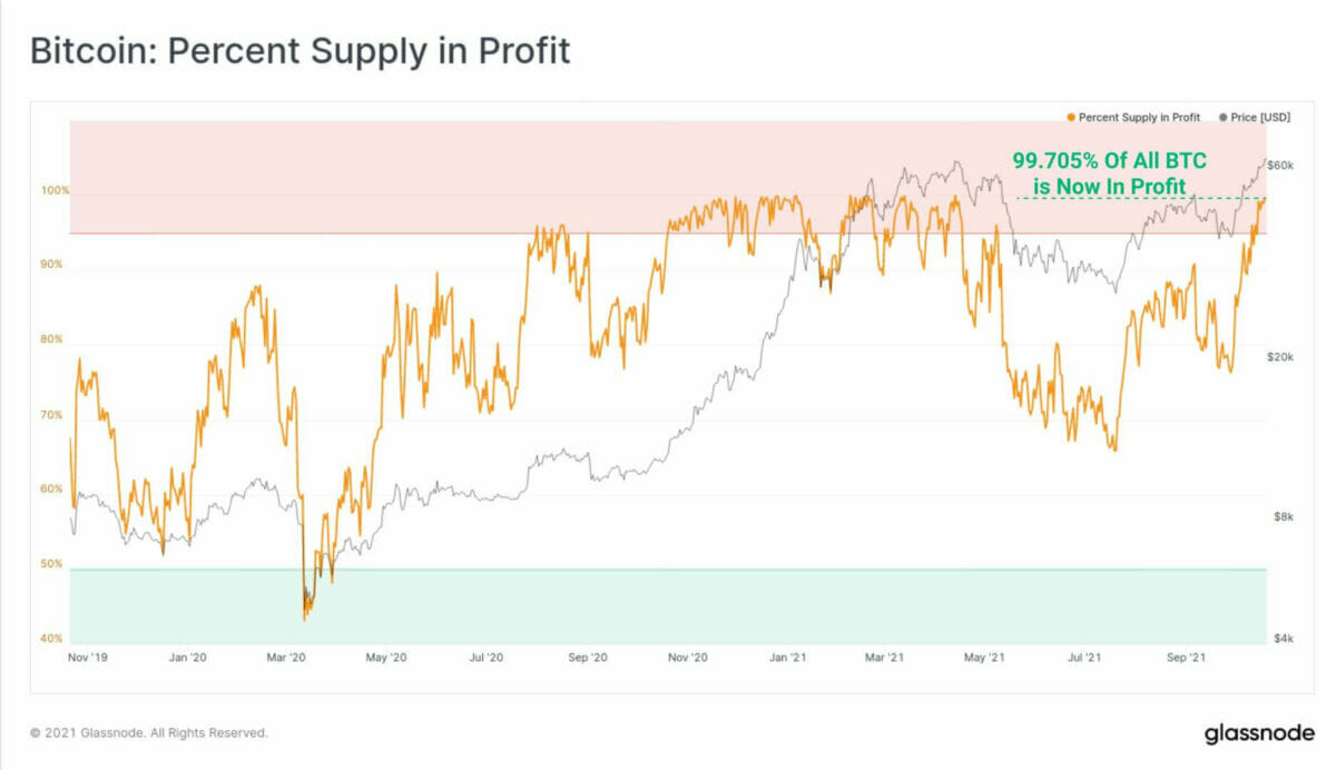 99,705% de l'offre de Bitcoin était à profit avant que le prix du BTC n'atteigne de nouveaux sommets historiques.