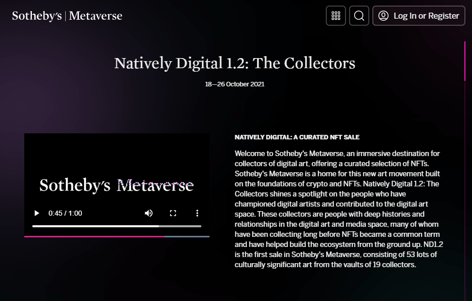Page d'accueil de la plateforme Métavers de Sotheby's. La prochaine vente aux enchères de NFT portera sur les projets les plus prometteurs de ce domaine. 