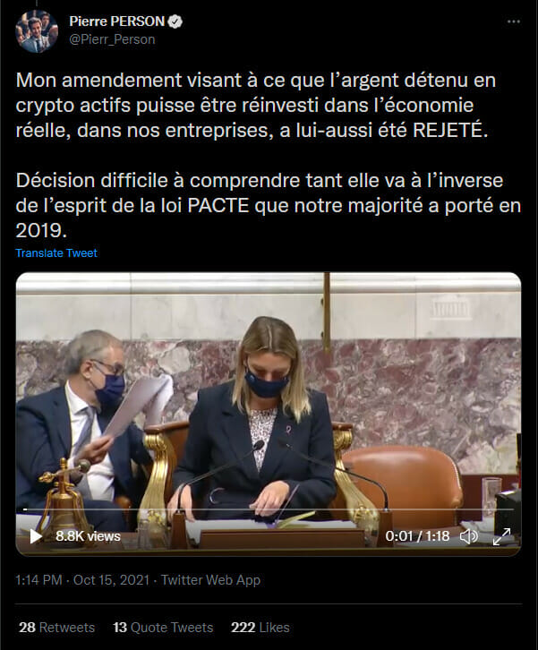 Tweet du député Pierre Person au sujet de l’amendement rejeté par la commission des finances et par l’Assemblée nationale. Cet amendement visait à faciliter le ruissellement de l’économie crypto vers l’économie réelle. 