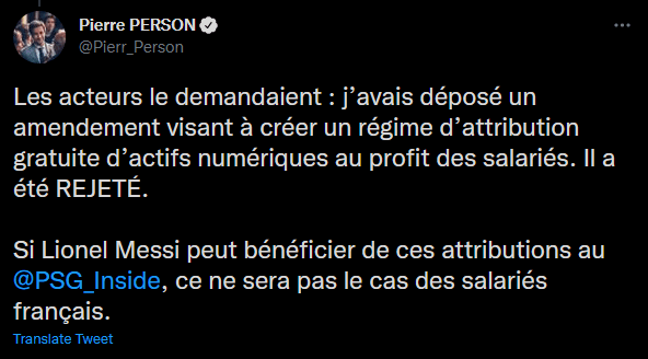 Tweet de Pierre Person à propos de l'amendement qui vise à créer un régime d'attribution gratuites au profit des salariés. 