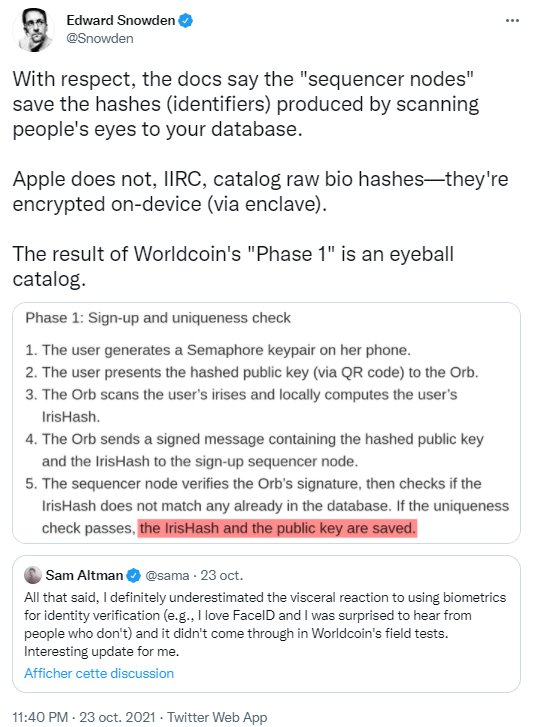 Réaction de Edward Snowden face à Worldcoin