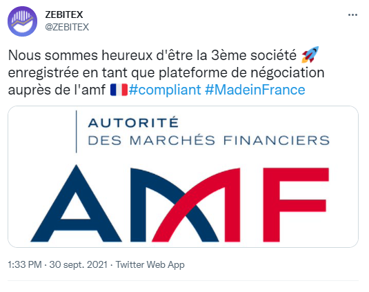 Publication Twitter de ZEBITEX qui annonce qu'elle est officiellement devenue une plateforme de négociation d’actifs numériques