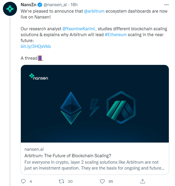 publication twitter nansen Annonce du lancement solution seconde couche Arbitrum