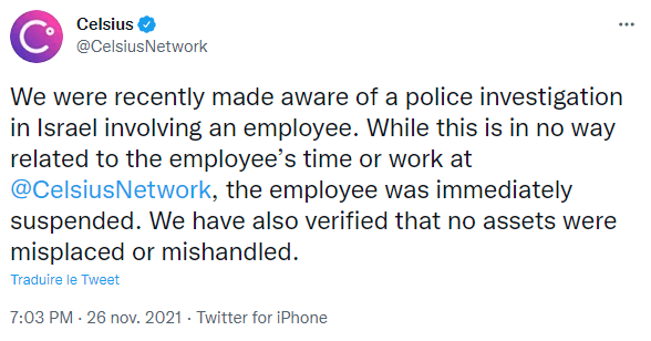 Publication Twitter Celsius - équipe informée enquête police Israël sur Yaron Shalem CFO